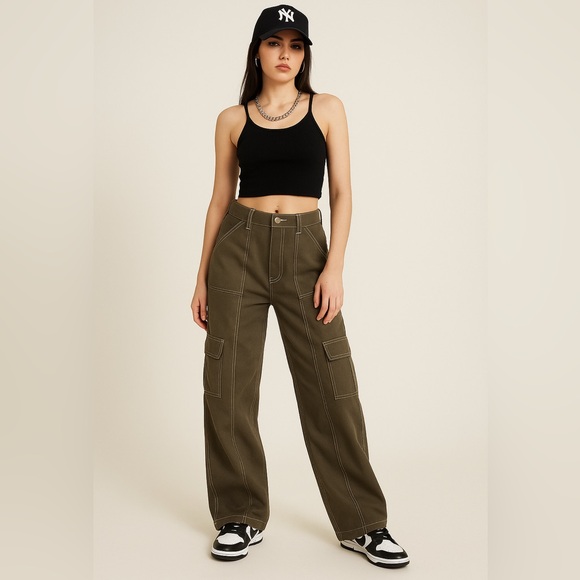 Rachel Paige Olive Khaki Wide Leg Cargo Pants - Size Large - Picture 1 of 5